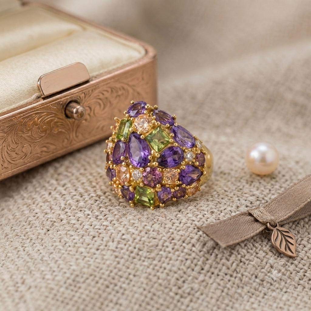 Anillo dorado con piedras de varios colores de Plata Vázquez y Pozo