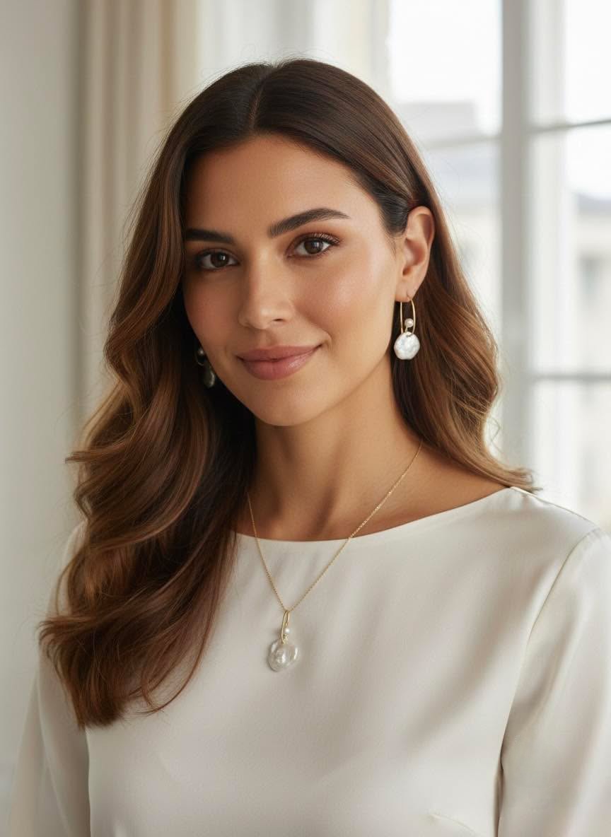 Modelo luciendo collar y pendientes de Plata Vázquez y Pozo