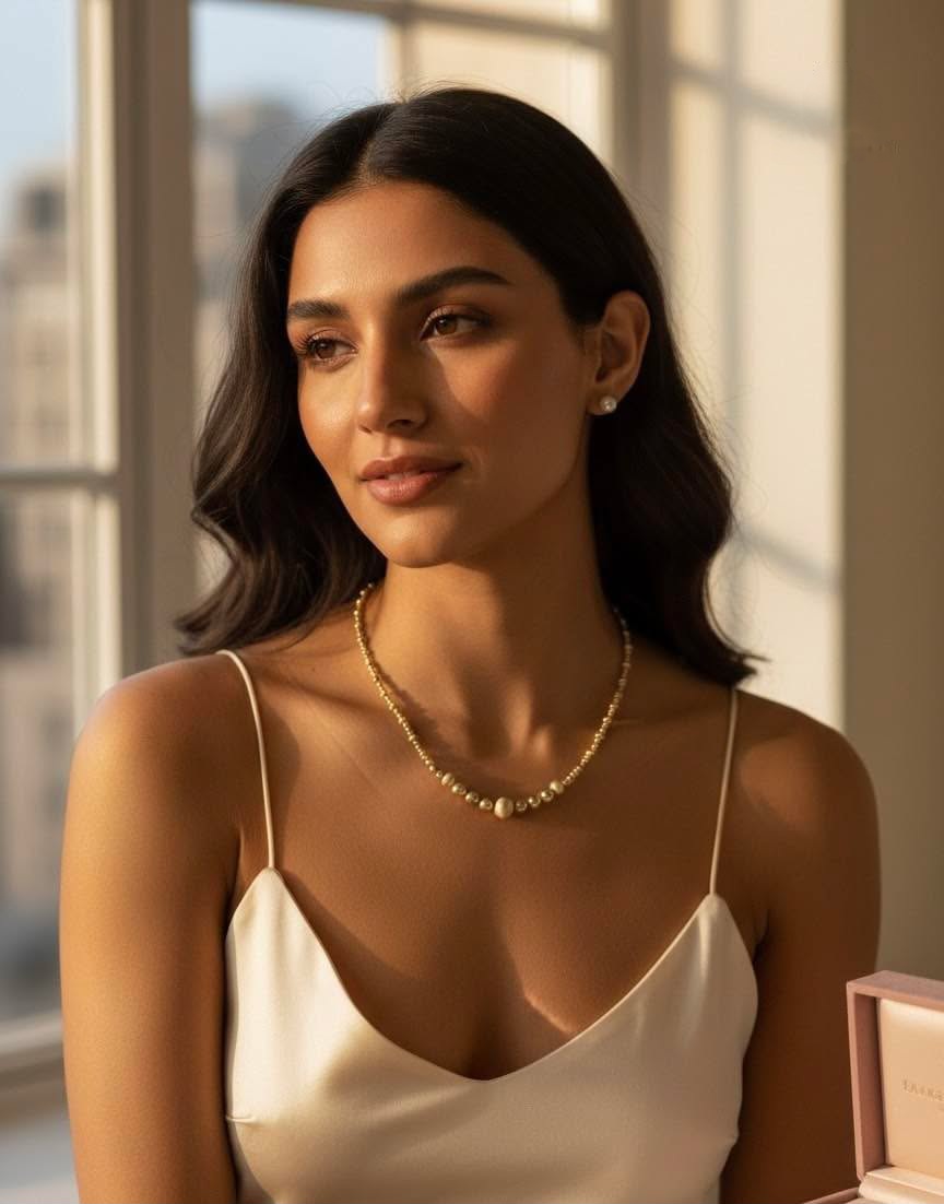 Modelo con collar de perlas de Plata Vázquez y Pozo
